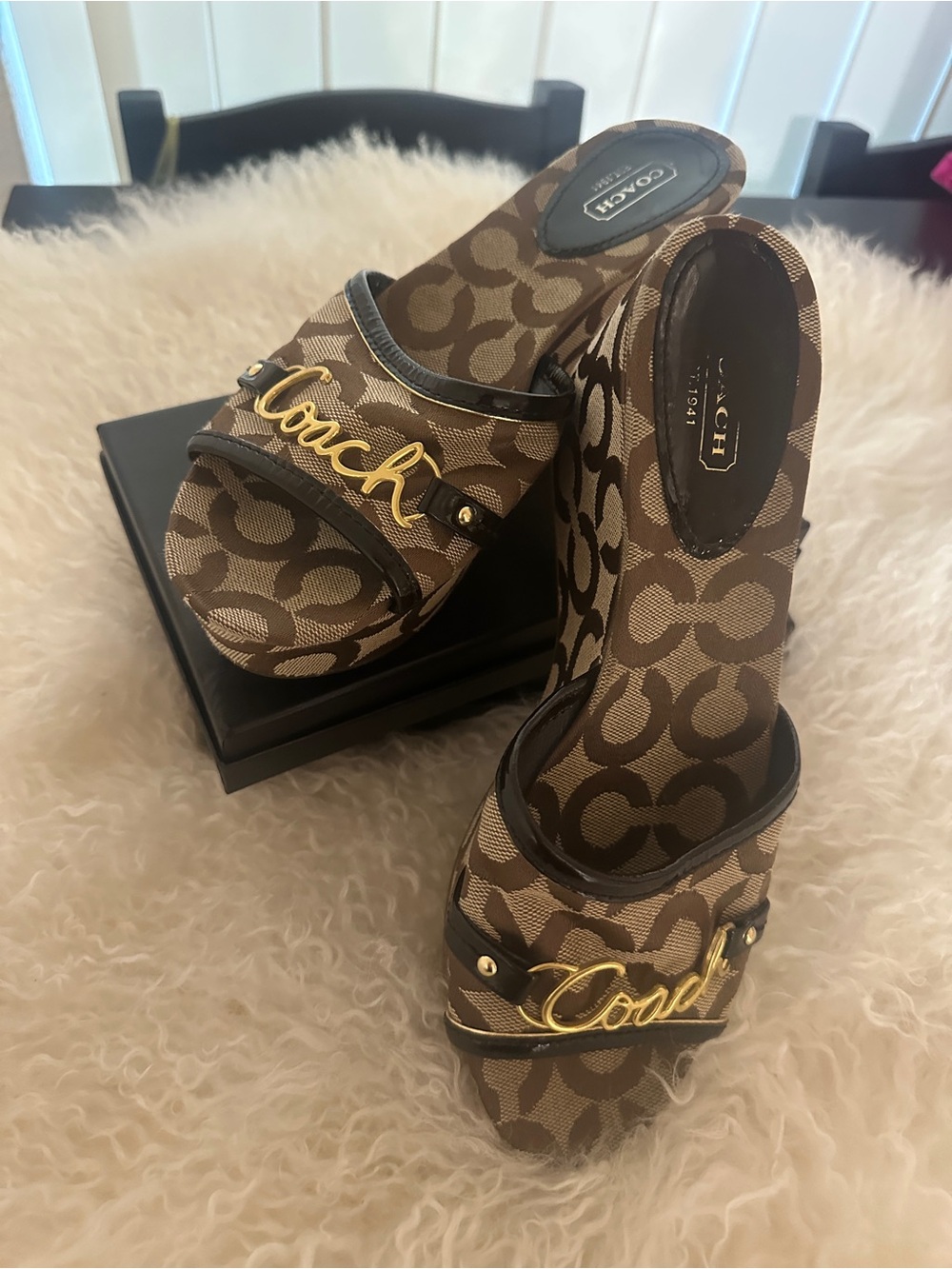 Coach Signature Logo Canvas Wedge Slide Sandals Open Toe Brown Beige 7B
